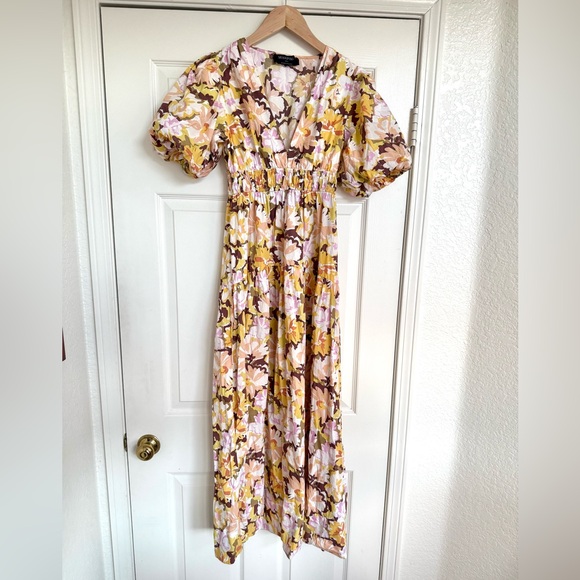 Anthropologie Minkpink Zoey Floral Pleated V Neck Short Sleeve Maxi Dress S - Picture 3 of 8
